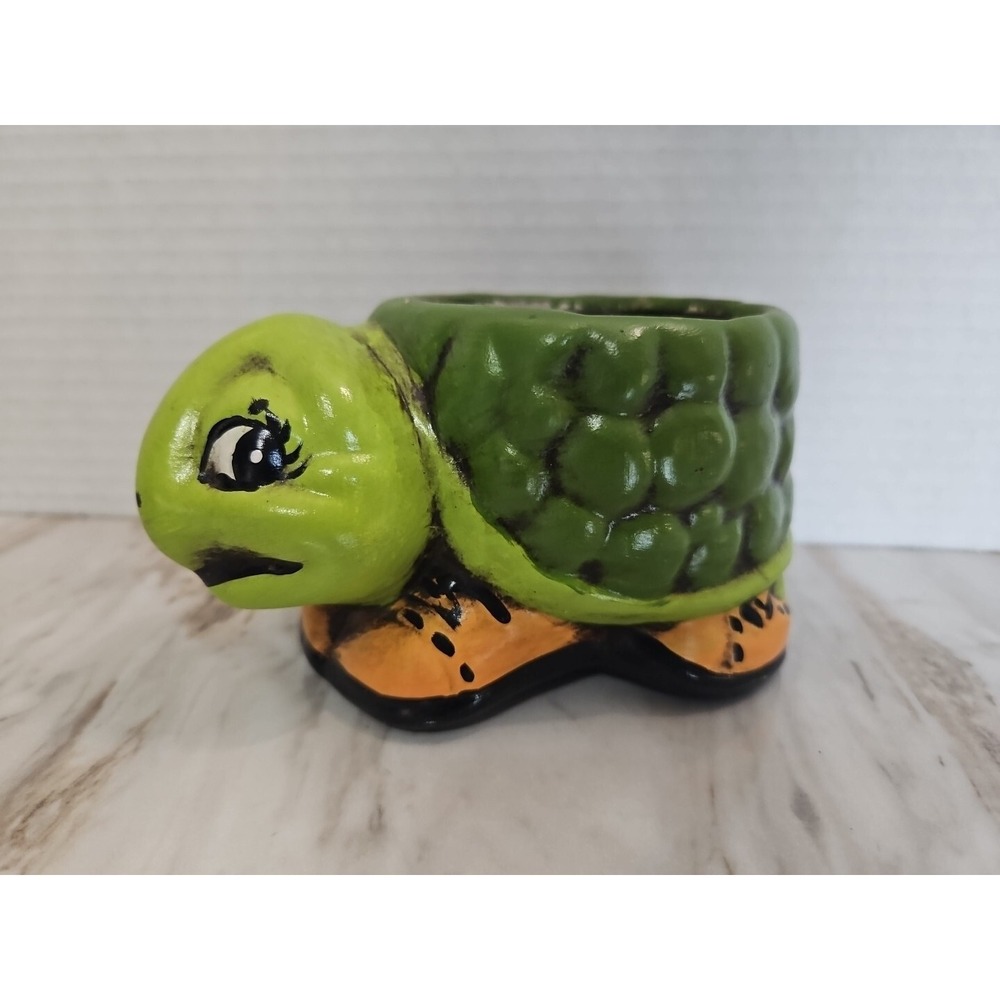 VTG Green Turtle Pottery Planter‎ Hand Painted Decor Trinket Holder